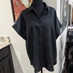 Lauren Ralph Lauren Linen Classic Black Short cuffed Sleeve Top XL/TG